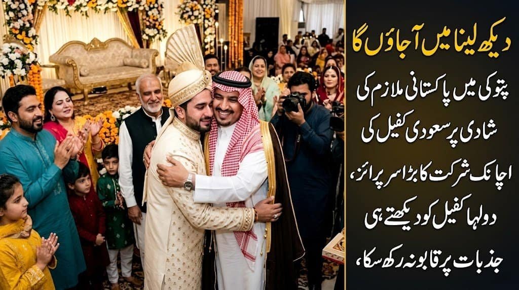 Two men in traditional attire embracing at a wedding celebration with guests in the background.